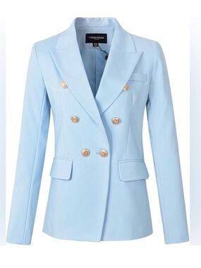 Viema Moda Paris Double Breasted Blazer Women’s Size 6 Light Blue Gold Crest But
